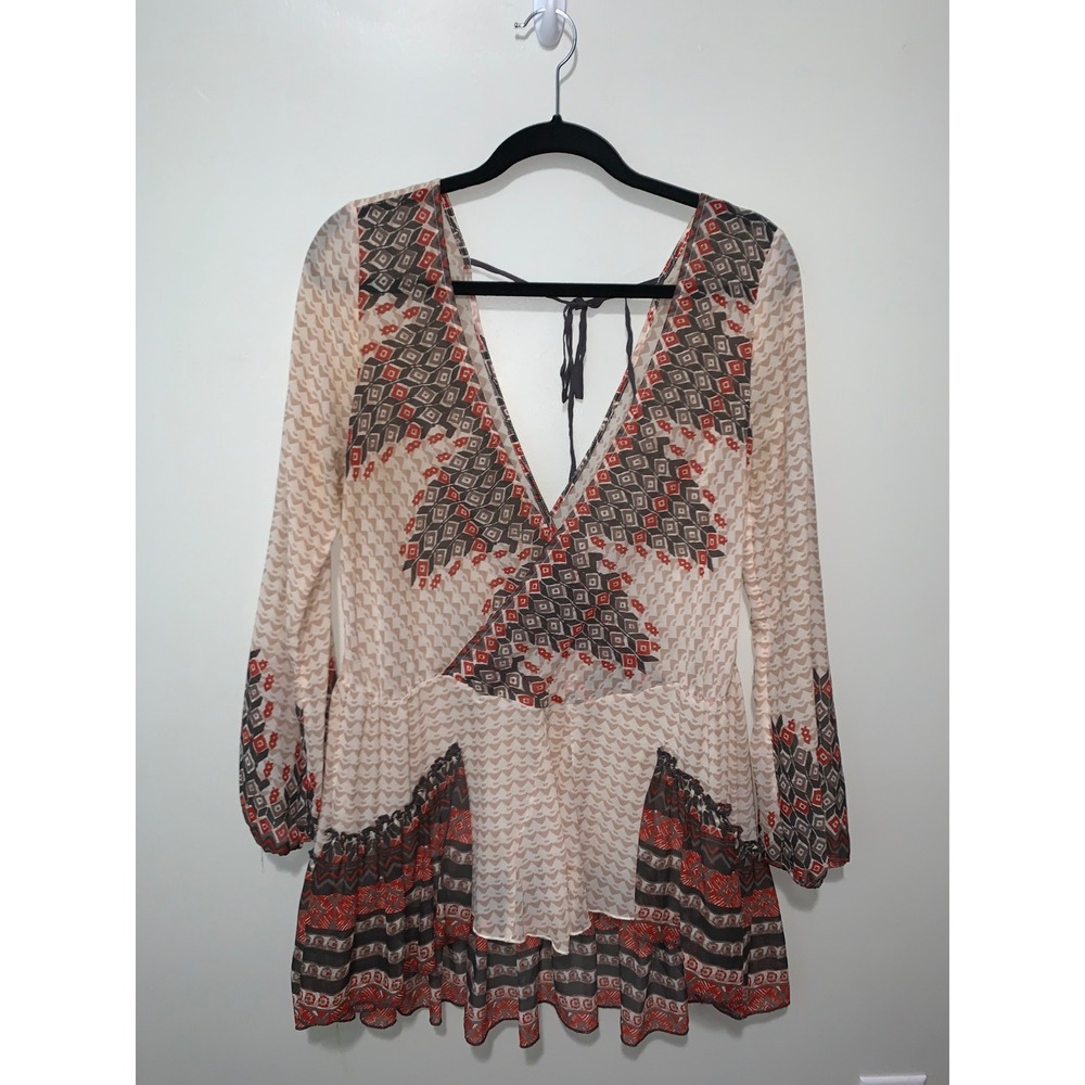 Free People Geometric Tribal Print V-Neck Ruffle Tuinc Cream Red Medium